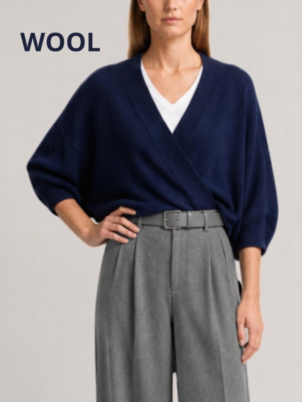 Navy Blue Merino Wool V neck batwing sleeve oversized short open cardigan